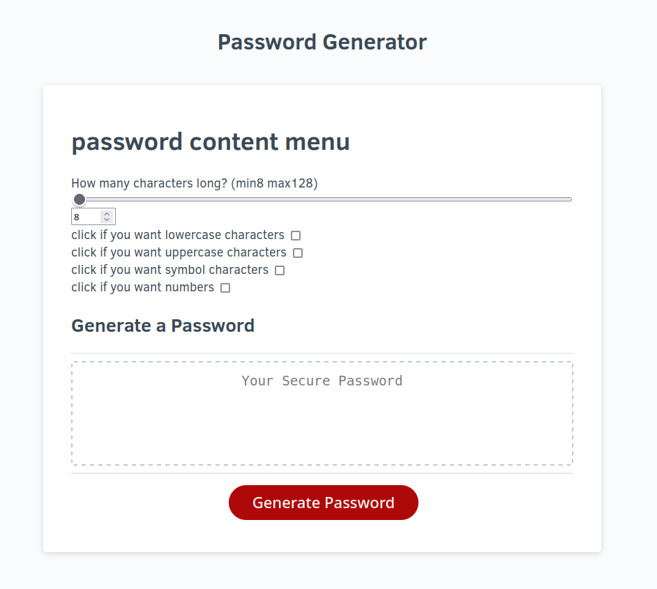 screenshot of project named Password Generator